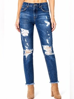 Carmar LF High Rise Boyfriend Distressed Jean 27 High Rise Raw Hem Cropped Denim